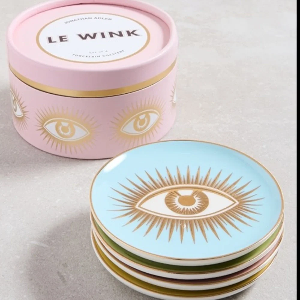 NEW Jonathan Adler Wink Pin Gold Evil Eye Coaster Set